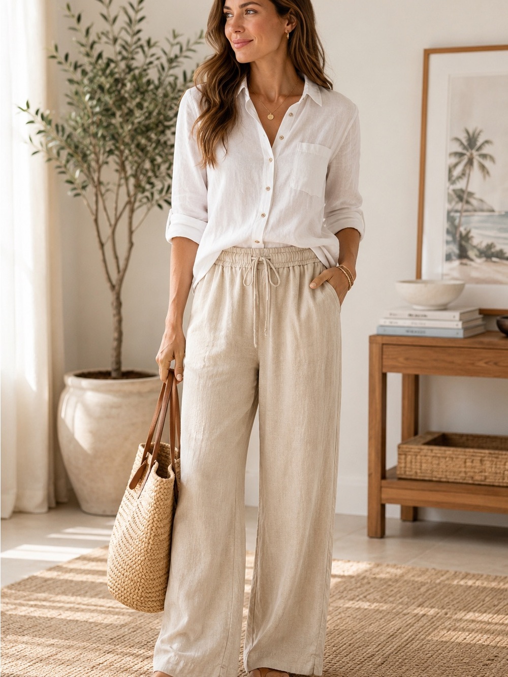 Tommy Bahama 100% Linen Drawstring Wide Leg Pants Womens Small Pull On Beige - Picture 1 of 10